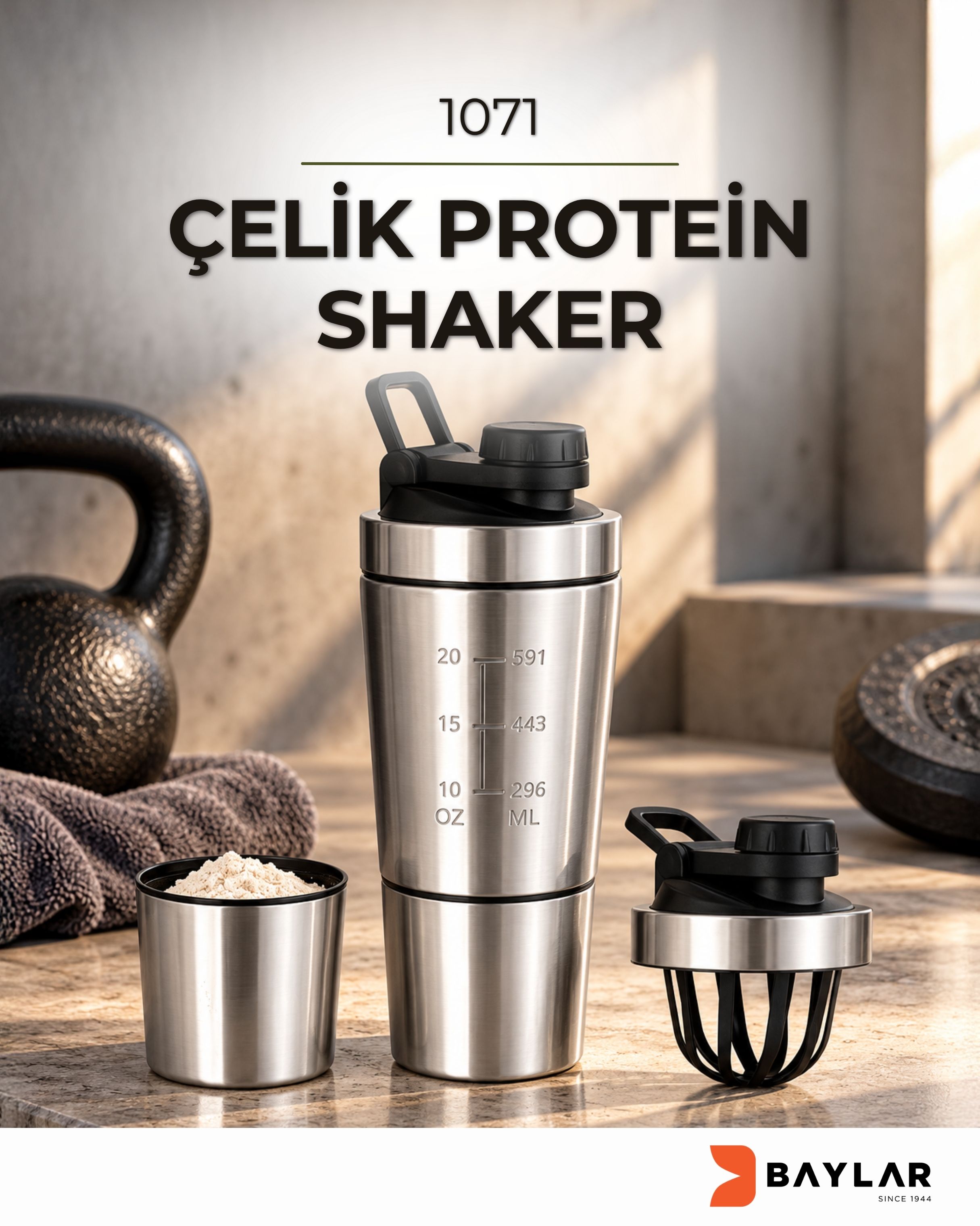 1071 Çelik SHAKER Sporcu Suluğu Protein Shaker ve Smoothie Matarası ( 700 ml )