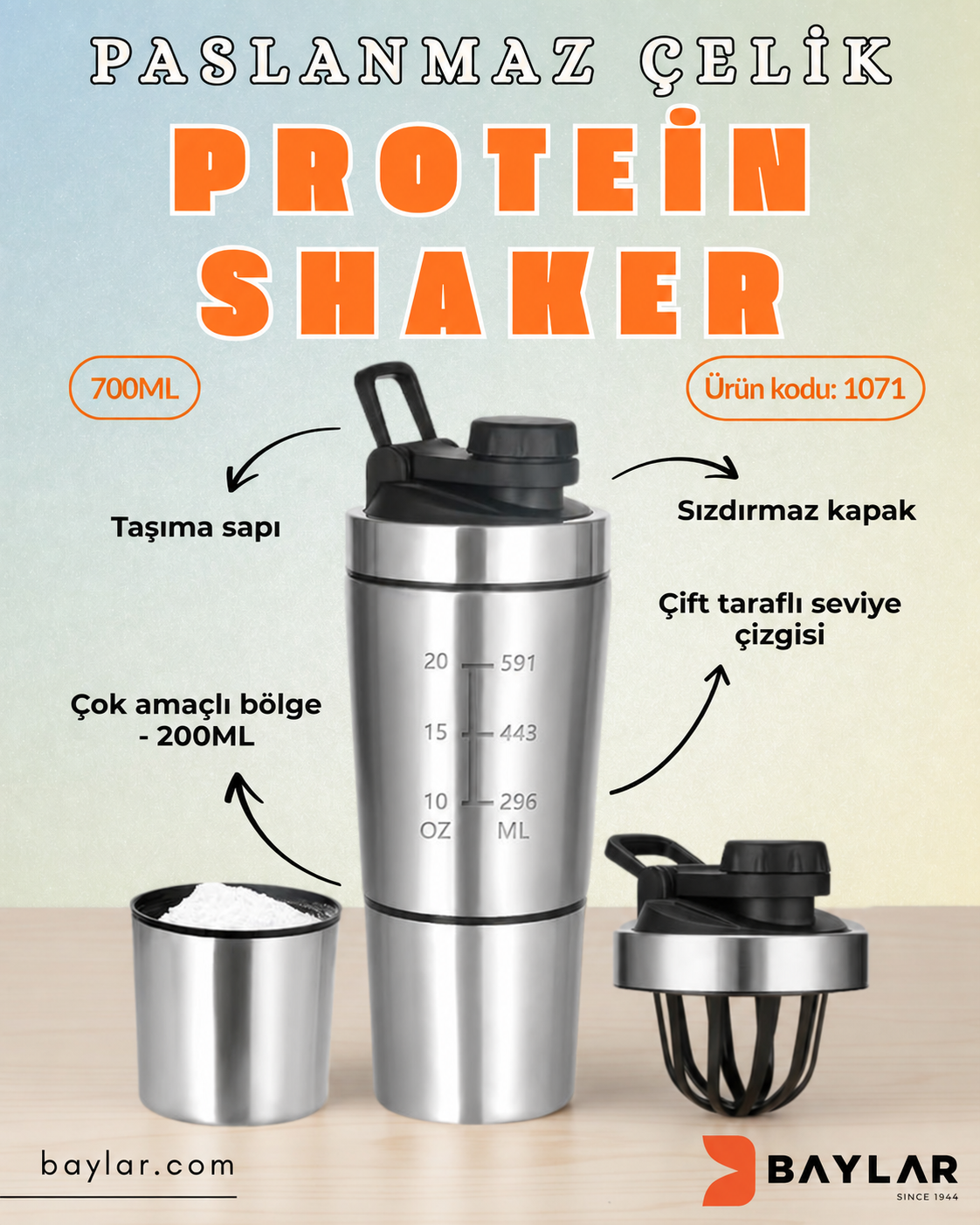 1071 Çelik SHAKER Sporcu Suluğu Protein Shaker ve Smoothie Matarası ( 700 ml )