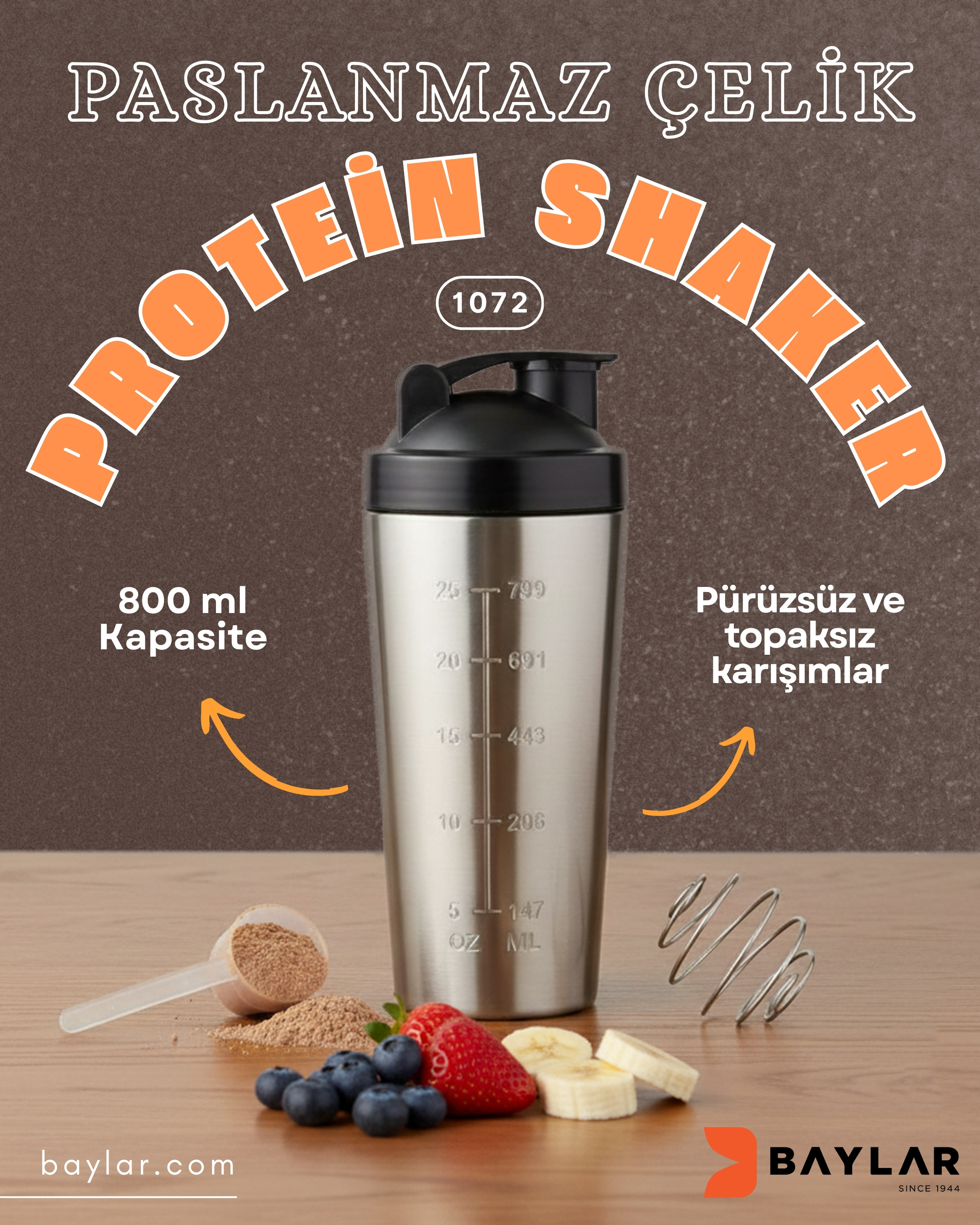 1072 Çelik SHAKER Sporcu Suluğu Protein Shaker ve Smoothie Matarası (800 ml)