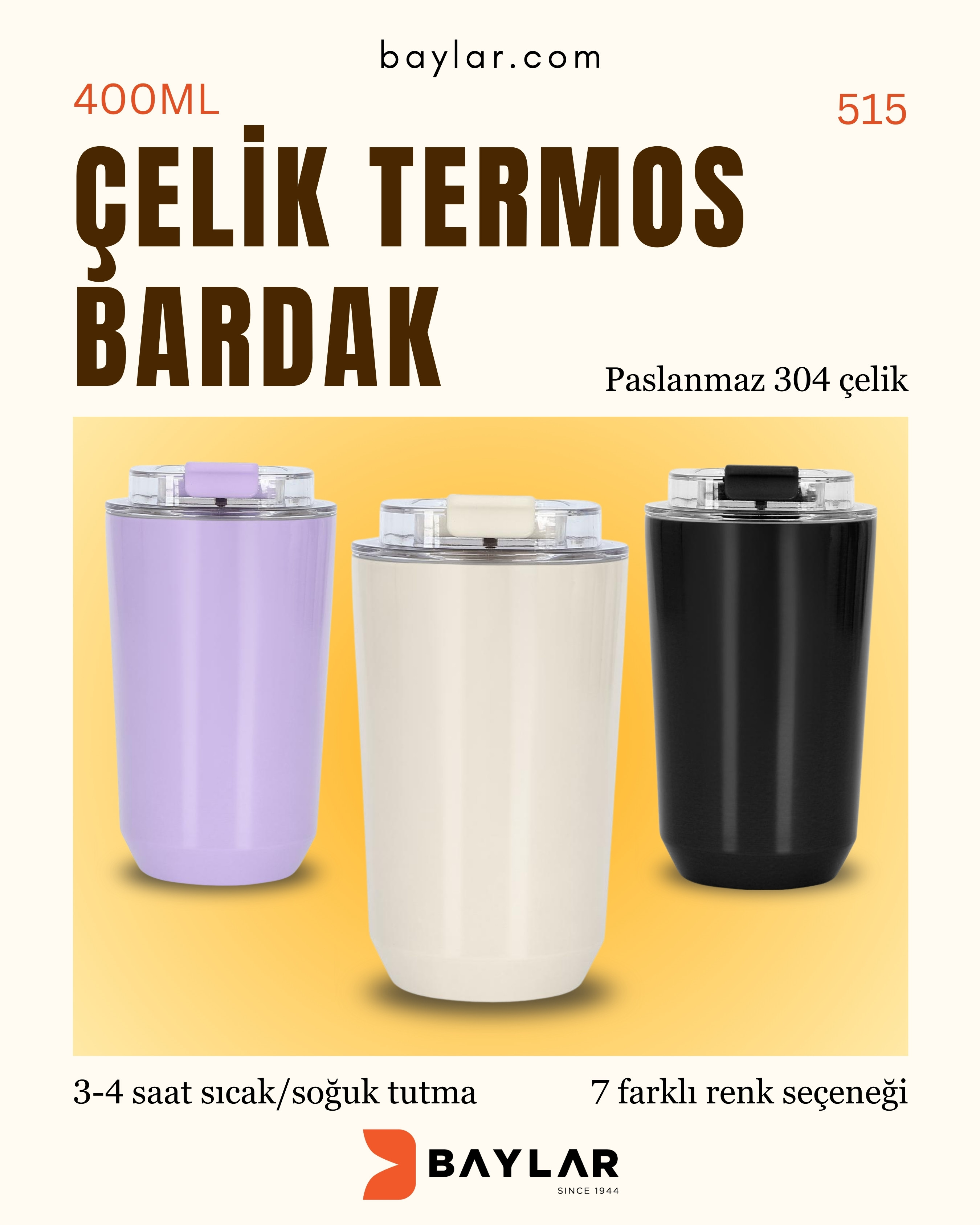 515 Paslanmaz Çelik Termos Bardak 400 ml  ( Pastel Renkler )