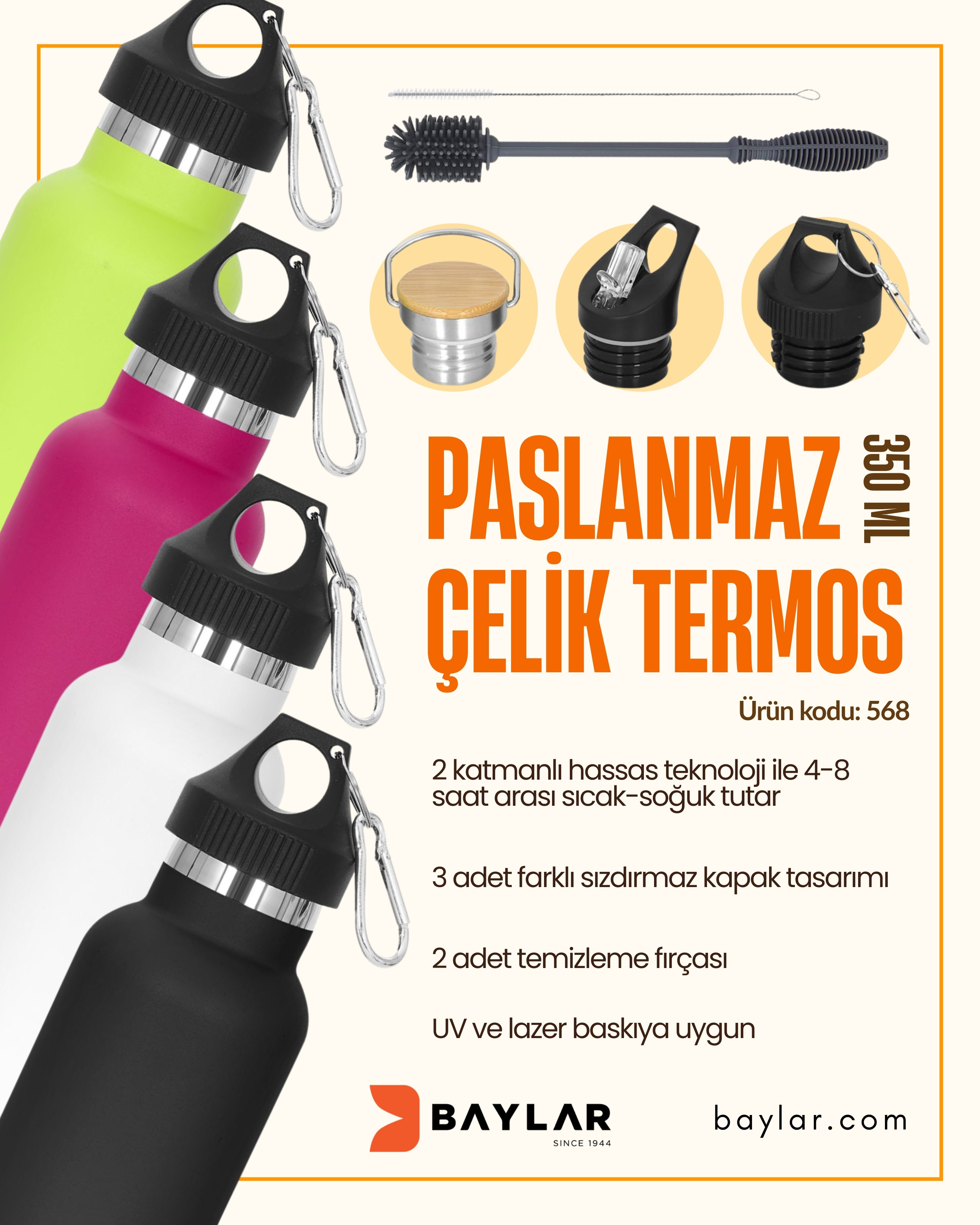 568 3 Kapaklı Çelik Termos  SET ( 350 ml )