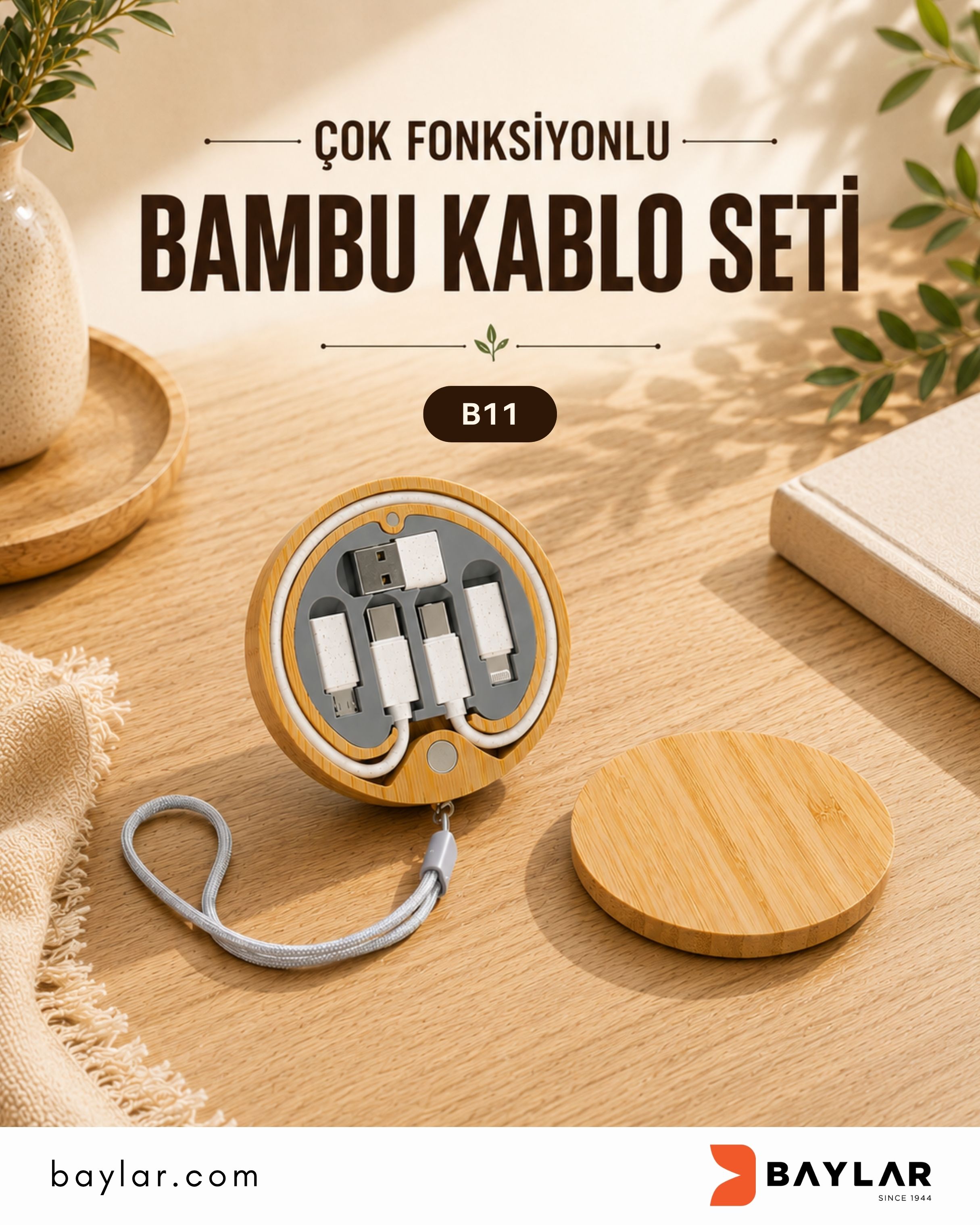 B11 Çok Fonksiyonlu Taşınabilir Yuvarlak  Bambu  Kablo Seti