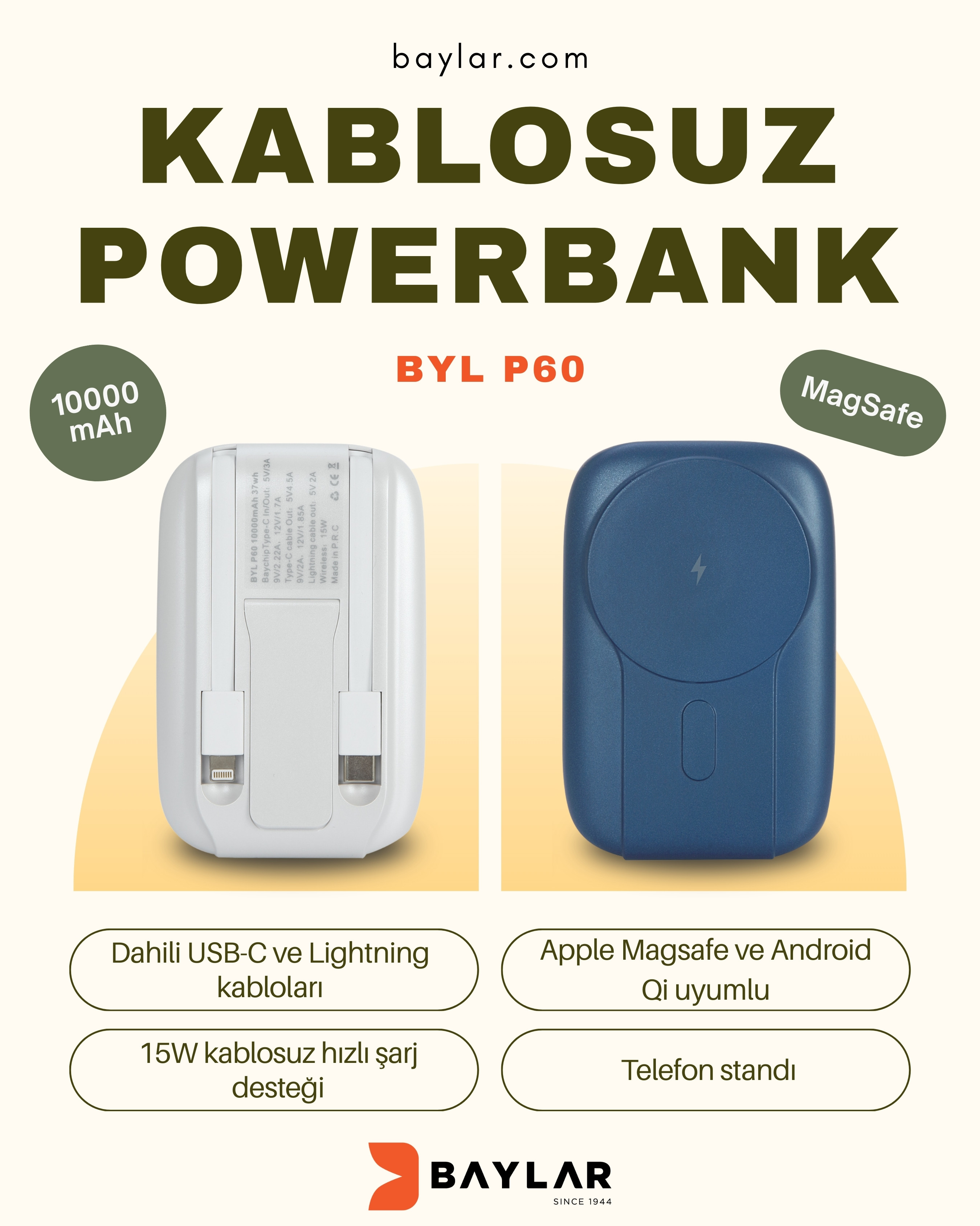BYL P60 Hızlı Şarj Kablosuz Powerbank 10000 mAh